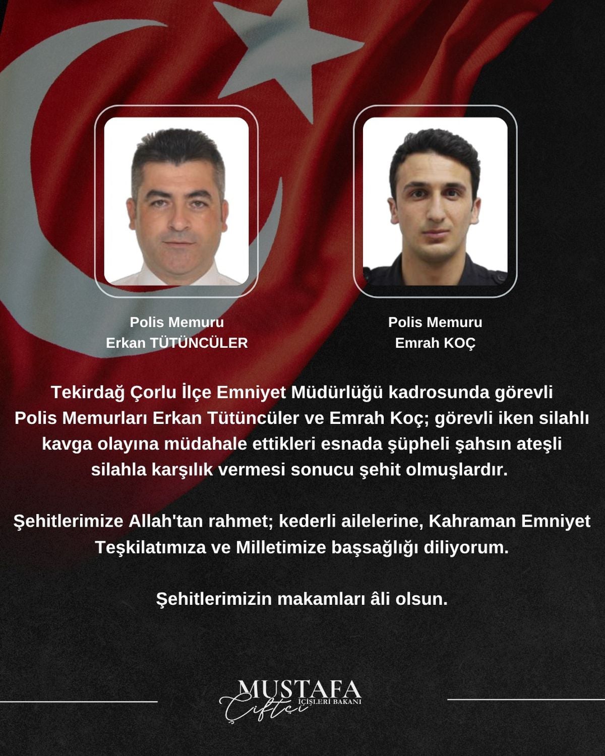 Çorlu'da İki Polis Memuru Şehit Oldu: Bakanlardan Taziye Mesajı