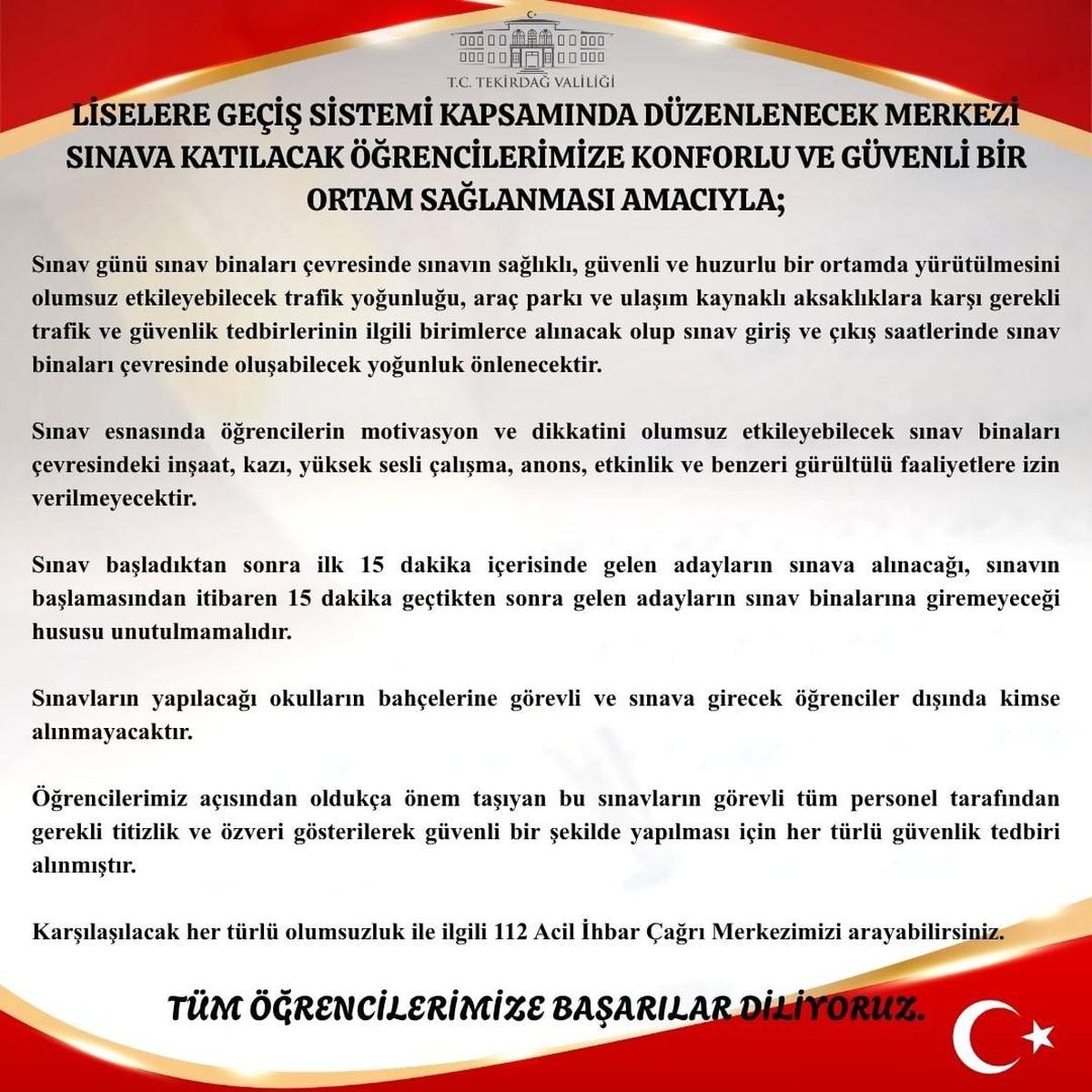 Tekirdağ Valiliği Duyurdu: Sınav saatlerinde gürültülü faaliyetlere yasak